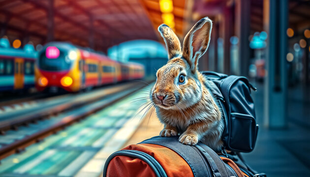 Cute Rabbit with Backpack at Train Station, Whimsical Travel Concept