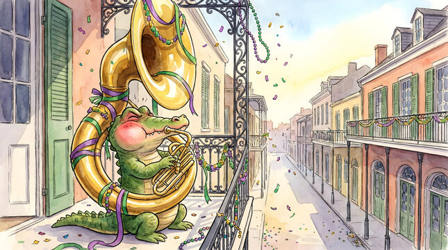 Cute alligator musician playing sousaphone brass instrument on iron balcony during Mardi Gras jazz party