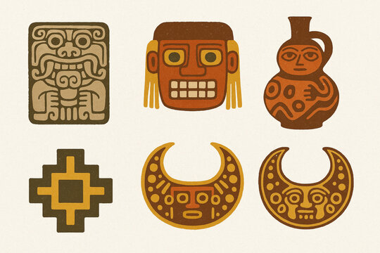 Pre-Inca cultures vector icons in torn textured balanced grid on white background