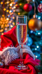 Sparkling Champagne Flute Against Christmas Lights Background
