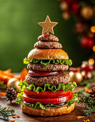 Creative Christmas Burger Stack in Festive Setting with Star Topper