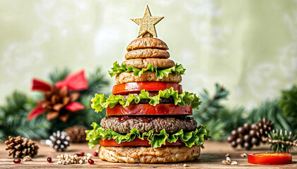 Unique Christmas Burger Stacked with Star Topper and Festive Garnish