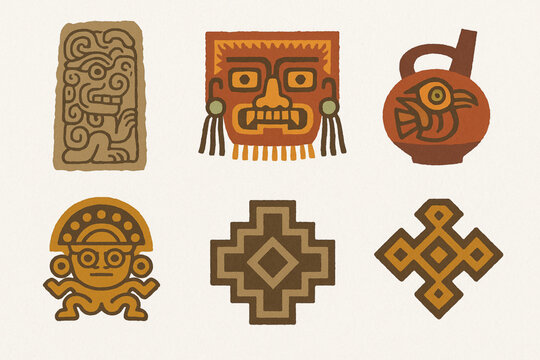 Pre-Inca cultures vector icons in torn textured balanced grid on white background