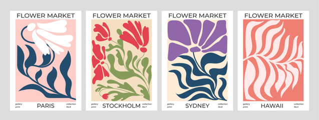 Set of abstract Flower Market posters. Trendy botanical wall arts with floral design. Modern botanical illustrations for prints,flyers, banners, invitations,  covers