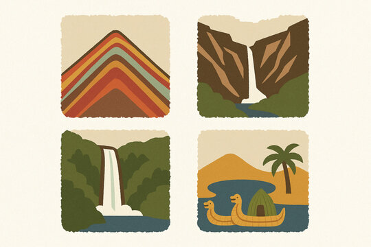 Peruvian natural wonders vector icons in torn textured grid on white background