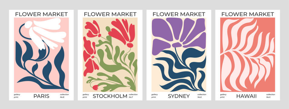 Set of abstract Flower Market posters. Trendy botanical wall arts with floral design. Modern botanical illustrations for prints,flyers, banners, invitations,  covers