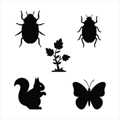 Collection of animal and plant silhouettes isolated on white background
