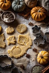 Fototapeta premium Crafting autumn cookies: pumpkin and leaf shapes, spices, flour dust.
