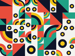 Dynamic abstract design featuring colorful geometric pattern elements and retro aesthetic background
