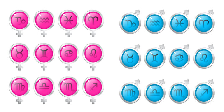 Zodiac signs in the form of Mars and Venus icons. Set of isolated vector illustrations