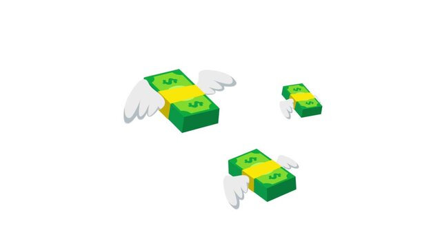 Cute cartoon money stacks with wings flying and floating against a clean white background. Perfect for illustrating concepts of expensive costs, rapidly disappearing savings, or budgeting loss