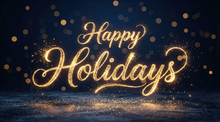Sparkling golden script text happy holidays on dark blue background with bokeh lights