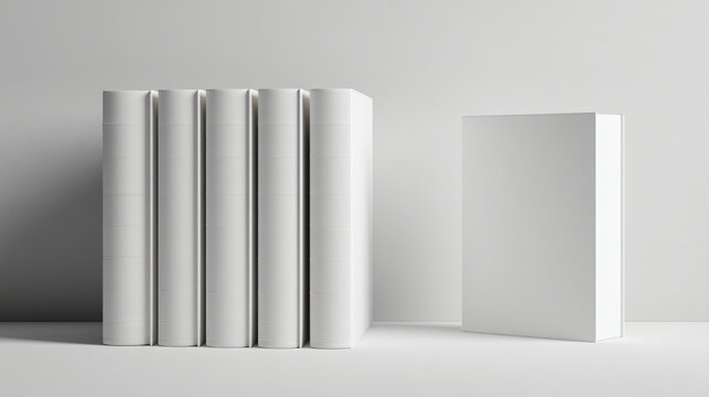 Row of blank white book spines standing next to one closed book