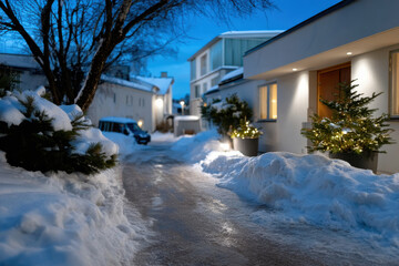 This picturesque snowy pathway is illuminated with warm lights, leading to cozy homes and trees, enhancing the beauty of winter evenings and inspiring joy and holiday spirit.