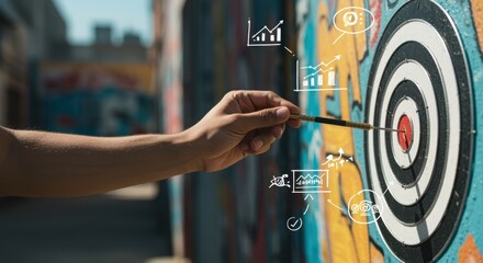 Hand throwing dart at target with business and finance icons