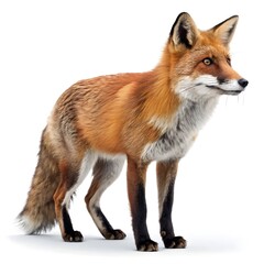 Fototapeta premium Red Fox Standing on White Background, Alert Expression, High-Detail PNG for Wildlife and Nature Graphics