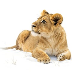 Obraz premium Lion Cub Lying Down Isolated on White Background