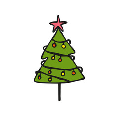 Cute hand drawn Christmas tree with colourful lights and red star on top. Perfect for holiday cards, invitations, stickers, gift tags, and festive design projects.