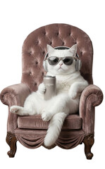 Cool white cat wearing sunglasses and headphones relaxing on a vintage chair