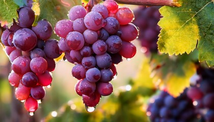 fresh red and purple grape cluster with water drops hanging on a vine healthy fruit harvest or vineyard concept