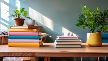 stack of colorful books on a wooden table in a modern interior space with soft lighting and greenery creating a cozy and inviting reading atmosphere