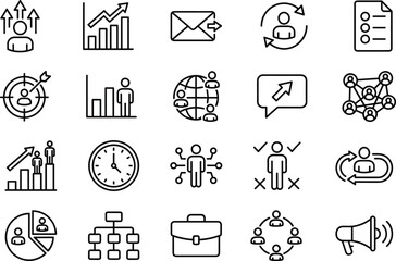 Business growth icons set, analytics and management illustration collection, teamwork communication symbols, leadership development graphics, corporate strategy 