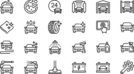 Car wash service icons set, auto detailing illustration collection, vehicle cleaning symbols, car maintenance graphics, washing, polishing, tire shine and detailing concepts