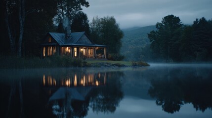 Fototapeta premium Cabin glows warmly by a tranquil lake under a dusky sky, reflecting lights.