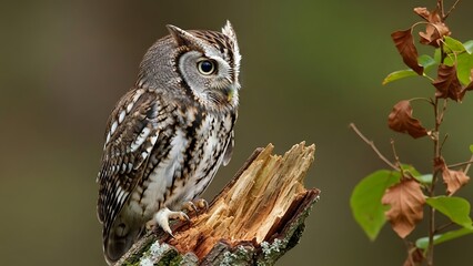 Eastern screech owl perched on a broken tree stump in nature