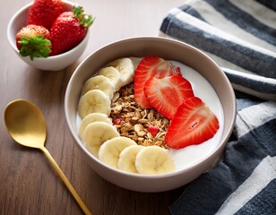 healthy breakfast bowl with yogurt granola strawberries and banana representing balanced nutrition energy and mindful eating for a wholesome lifestyle