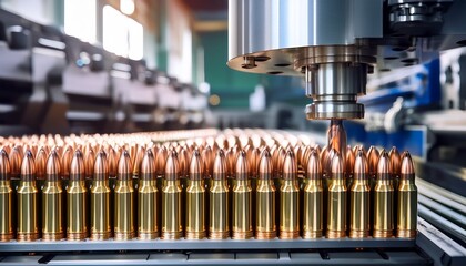 ammunition cartridges aligned beneath a high speed machining head on a factory line the perspective illustrates engineered precision regulated processes