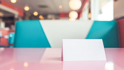 Blank white card on pink table in retro diner booth