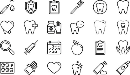 Obraz premium Dental care icons set, oral health illustration collection, tooth hygiene symbols, dentistry and medical treatment graphics, prevention, diagnosis and dental check-up concepts