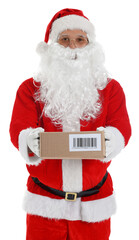 Santa Claus with parcel on white background