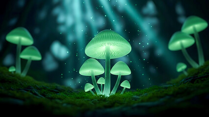 Glowing green mushrooms in dark forest with light beams