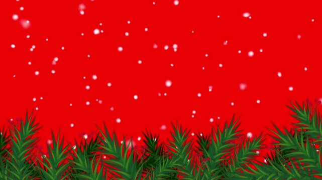 Simple and elegant Christmas background featuring a bottom border of green pine branches and red berries, with soft, gentle snow falling on a bright red screen.