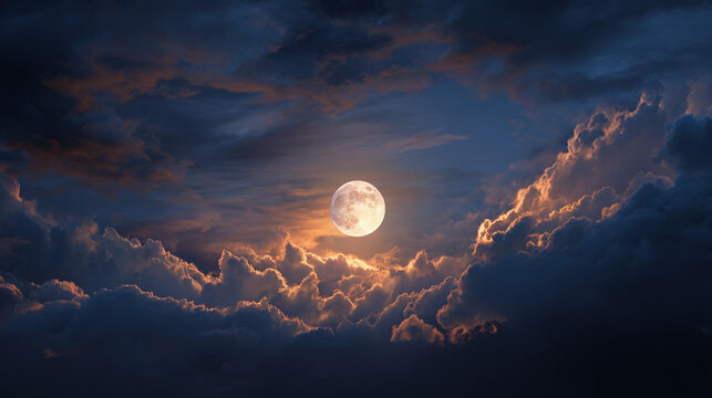 A captivating nightscape featuring the full moon peeking through dramatic clouds, casting an ethereal glow