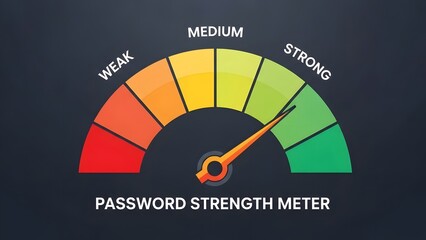 Digital password strength meter indicating high security level with a gauge pointing towards strong protection