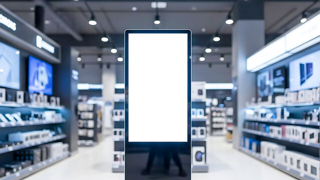 Digital display screen in electronics store aisle kiosk