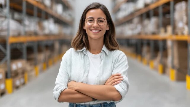 Smiling Young Woman with Glasses in Warehouse Surrounded by Shelves and Boxes 4k video footage