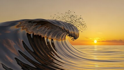 Chrome ocean wave cresting dramatically against a vibrant golden sunset over the tranquil sea horizon