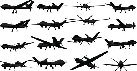 Silhouette collection of various military MALE UAV drone aircraft models, dark gray unmanned aerial vehicle predator sketches, detailed remote-controlled aviation technology flat vector illustration.