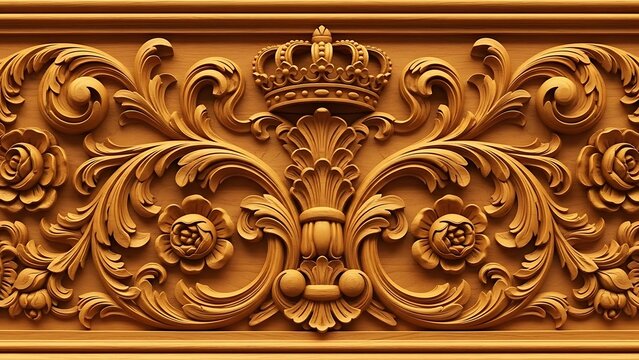 Ornate golden carving of a crown and floral design on a decorative panel