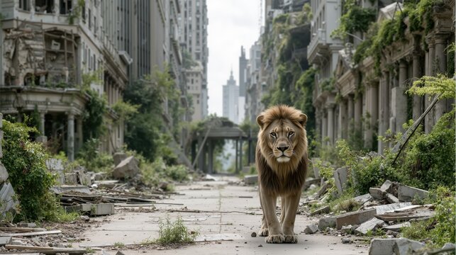 Lion walking at abandoned urban jungle with buildings overgrown by plants, crumbling architecture in a post-apocalyptic cityscape - Powered by Adobe