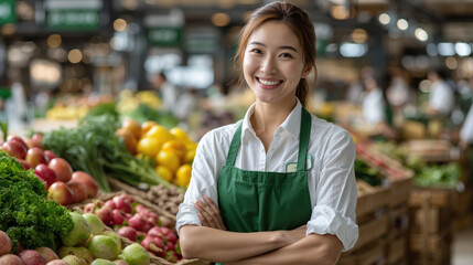 Young asian woman in green apron working at vibrant farmers market with fresh produce display