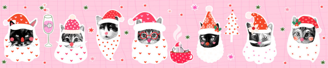 Vector Santa Claus cat faces, Halftone collage Christmas kitty faces banner, posters