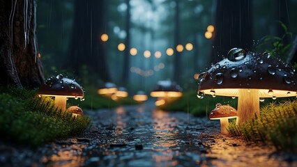 Enchanted forest scene with glowing mushrooms and string lights at night