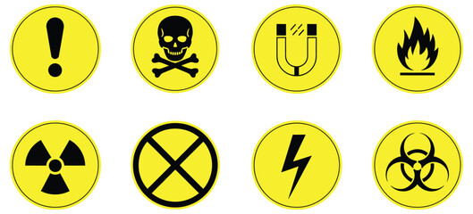 Hazard Danger Signs Vector Set Featuring Radiation, High Voltage, Biohazard, Toxic, Flame, Laser, CO2, Magnet, and Caution Symbols for Safety Warning Designs