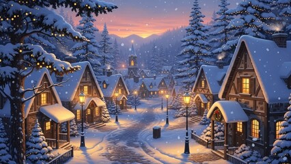 Fototapeta premium Snowy village street with Christmas lights and warm house windows