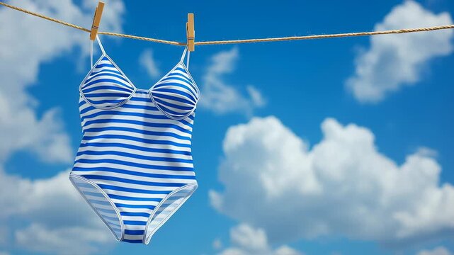 Striped monokini hanging on clothesline